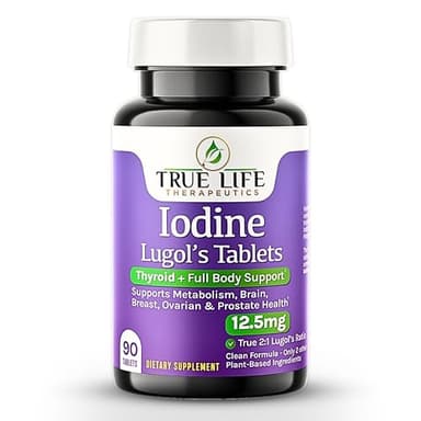 Lugol's Iodine Tablets 12.5mg x 90 ct - Reddish Brown Stable Iodine + Potassium Iodide Formula, Masks Bitter Liquid Taste, Thyroid Support, Detox, Breast Health - No Preservative, Non-GMO, Gluten-free