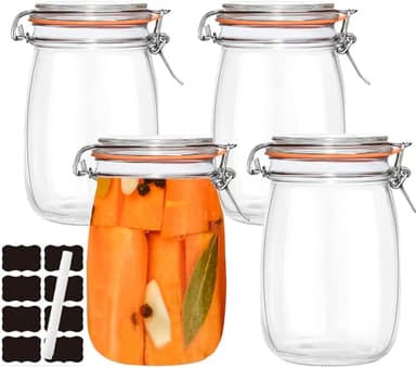 SAJKUERO 32 oz Pickling Jars with Airtight Lids,4 Pack Airtight Glass Pickle Jars Wide Mouth,Air Tight Glass Storage Containers for Canning,Pickling,Fermenting