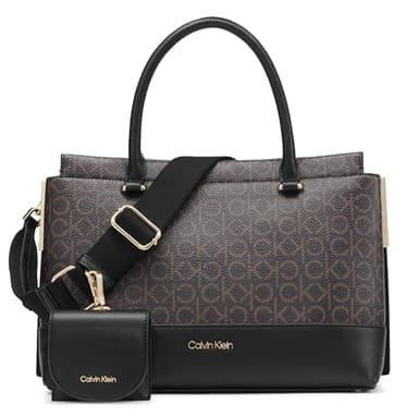 Calvin Klein Bianca Triple Compartment Satchel, Brown/Khaki/Black, One Size