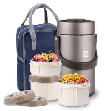 GOLDEN KEY 87oz Thermo for Hot Food Adult, Stainless Vacuum-Insulated Wide Mouth Large Food Thermo with 3 Stackable Storage Container Inserts and Lunch Bag,Hot & Cold Soup Insulated Food Jars