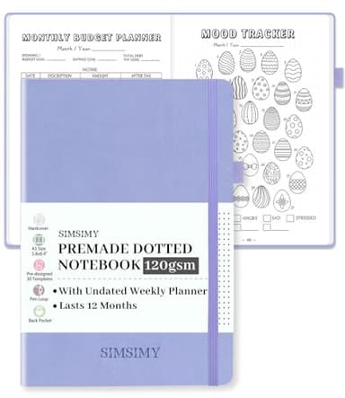 SIMSIMY Premade Dotted Journal Notebook with Bullet Templates, Pre-made Dot Grid Journaling with Undated Weekly & Monthly Planner, Various Trackers - 12 Month Organization, A5 Hardcover