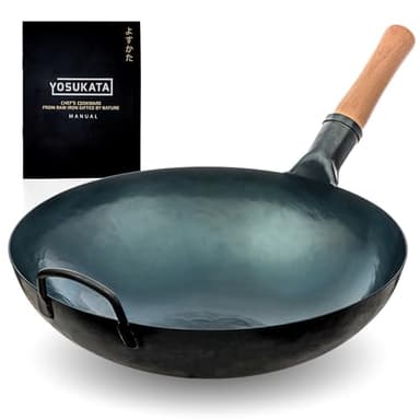 YOSUKATA 14” Round Bottom Carbon Steel Wok Pan – Blue Pre-Seasoned Pow Wok for Stir Fry, BBQ & Camping – Traditional Japanese & Chinese Cookware – Compatible with Gas Stoves & Open Fire Only
