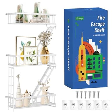 SweetSage Fire Escape Shelf - 3 Tier White Wall Display Floating Shelves, Metal Decorative Shelving for Bedroom, Home Décor, Action Figure Display