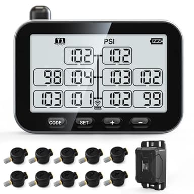 GUTA RV Tire Pressure Monitoring System, RV TPMS with 10 Flow Thru Sensors, 6 Alert Modes, Signal Booster, Power Saving Display, Long Sensing Distance, for 3 Trailers (T1/T2/T3), Camper, Motorhome