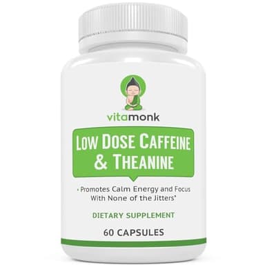 VitaMonk Low Dose Caffeine and Theanine - No Jitters, No Crash- Microdose of Caffeine L Theanine Pills with Caffeine Theanine and Theobromine - 25mg of Caffeine, Caffeine Pills L Theanine - 60 Caps