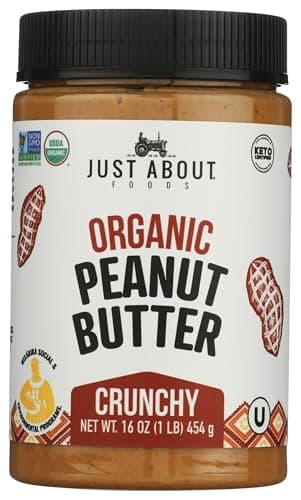 Just About Foods Organic & Keto Peanut Butter Crunchy 1 lb Gluten-Free, No Sugar Added, Palm Oil Free Single Ingredient, Unsweetened Peanut Spread