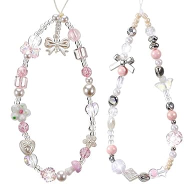 XLIUAX 2 Pack Beaded Camera Wrist Straps, Phone Wrist Charm Digital Camera Wristlet Lanyards for Purse Bag Car Key Keychain Accessories, Bow & Flower(Style A)