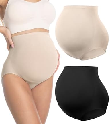 HOFISH Women’s Maternity Underwear High Waist Seamless & Supportive Pregnancy Shapewear Over Bump Black & Beige L