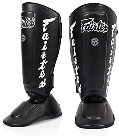 Fairtex SP7 Muay Thai Shin Guards for Men, Women, Kids | Shinguards Made with Syntek Leather & are Premium, Lightweight & Durable | Detachable shin & Foot Protector- Medium, Black