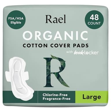 Rael Pads for Women, Organic Cotton Cover - Period Pads with Wings, Feminine Care, Sanitary Napkins, Heavy Absorbency, Unscented (Large, 48 Count)