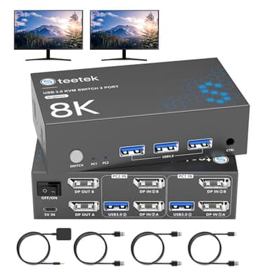 Hearvo 8K@60Hz KVM Switch 2 Monitors 2 Computers DisplayPort, USB3.0 KVM Switches, 4K@120Hz Dual Monitor for 1 Set of Keyboard Mouse Printer and U Disk with EDID Adaptive 2 USB Cables -S7230P2