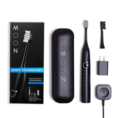 MOON Sonic Electric Toothbrush for Adults & Teens, Black, 5 Smart Modes, Clean, White, Massage, Polish & Sensitive, Rechargeable with Travel Case & 2 Brush Heads, Industry-Leading 6 Week Charge