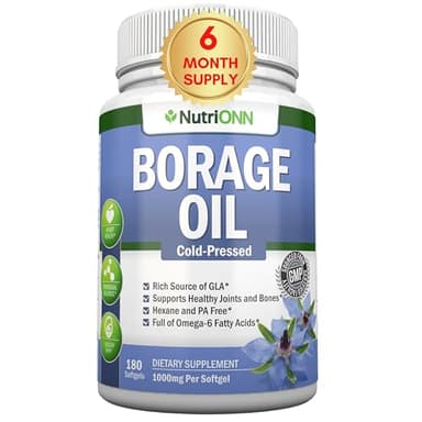 NutriONN Borage Oil - 1000 mg - 180 Softgels - Cold Pressed High GLA Borage Seed Oil - Hexane and PA Free - Great for Skin, Hair and Bones.