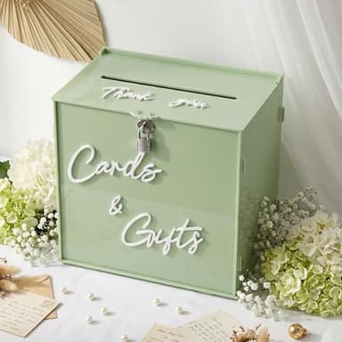 BreezeHug Sage Green Acrylic Wedding Card Box with Slot and Lock, 10 x 6 x 10 in Large Money Gift Box with DIY White Letters Cards Gifts/Thank You Letters, Baby Shower Graduation Birthday Party