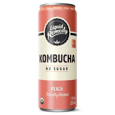 Liquid Remedy Kombucha Sugar Free Organic Drink, Low Calorie, Probiotic Like Tea for Gut Health - Peach - 12 Fl Oz Can