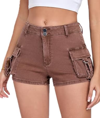 Aotasely Women's Denim Mini Cargo Shorts Casual Mid Rise High Stretchy Jean Shorts Sexy Booty Jorts with Pockets Y2K Brown