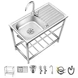 Outdoor Utility Sink,Free Standing Stainless Steel Laundry Tub, Single Bowl Portable Washing Hand Basin Station,fish Cleaning Table&Storage Shelves for Garage, Restaurant, Kitchen,Camping, Backyard