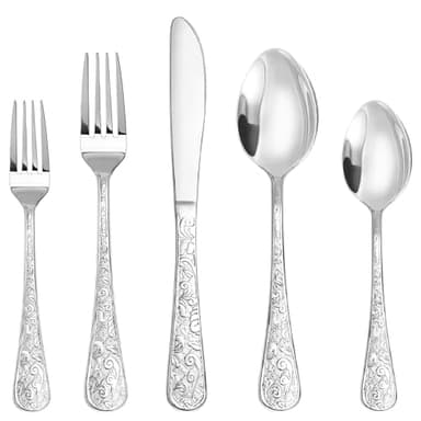Runfly Vintage Carved Silver Stainless Steel 20-Piece Flatware Set