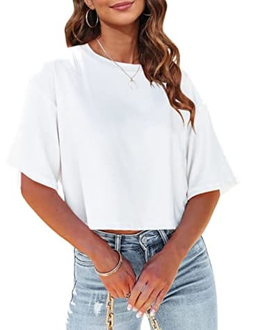 Tankaneo Women Half Sleeve Cropped T-Shirts Drop Shoulder Round Neck Crop Tops Casual Summer Solid Color Basic Tees