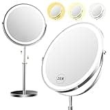 Dienmern 20x Large Lighted Makeup Mirror, Rechargeable 9" Height Adjustable Vanity Mirror, 1x/20x Magnifying Mirror with 3 Color, 360° Rotation Double Sided Makeup Mirror (White)