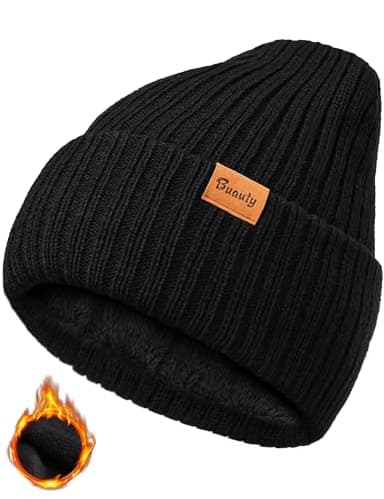 Buauty Black Beanie Hats for Men Women Thermal Stocking Caps Warm Winter Hat Snow Skull Caps Daily Fall Spring Knit Cookies Beanie Striped Cuffed Beanie for Toboggan Ski Skate Hiking Golf