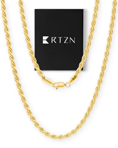 RTZN® Gold Plated Rope Chain for Men – 3mm Mens Rope Chain Necklaces – Diamond-Cut Gold Plated Stainless Steel Necklace for Men - Non-Tarnish & Waterproof Men’s Jewelry Chains (22" Inches)