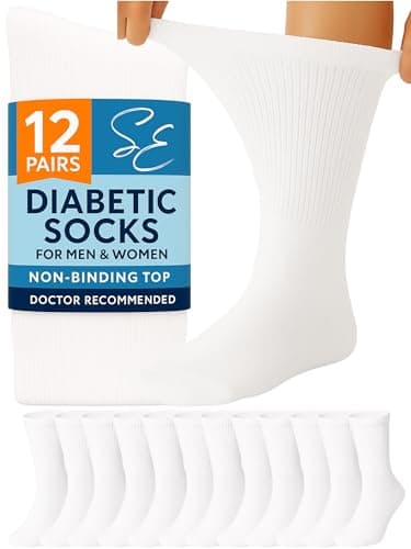 Special Essentials Diabetic Socks for Men & Women – 12 Pairs of Non-Binding Extra Wide Top Cotton Neuropathy Socks – Crew Length, White, 10-13