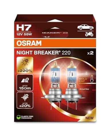 OSRAM NIGHT BREAKER 220, H7, 220% Brighter Halogen Headlight Lamp, 64210NB220-2HB, Folding Box (2 Lamps)