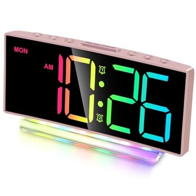 Cadmos Modern Curved Cute Digital Alarm Clock,Colorful Led Display,Adjustable Volume,Weekday/Weekend Mode,Simple Clock for Bedrooms Bedside,Ok to Wake Up for Girls,Kids,Teens (Pink+Dynamic)