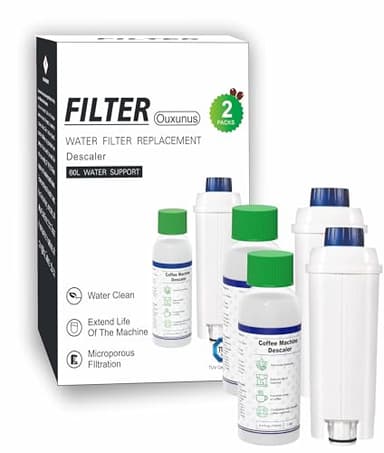 Ouxunus Descaling Kit Compatible with Delonghi Coffee Machines: 2 Full Maintenance Cycles | 2 Compatible with De'Longhi water Filters + 2x100ml Descaling Solution Replace Every 3 Months （6-Month）
