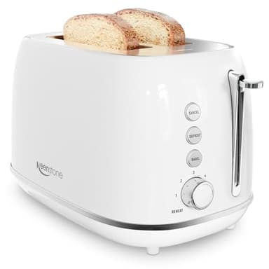 Keenstone Toaster 2 Slice, Retro Wide Slot Stainless Steel Toaster with 6 Browning Levels, Reheat & Defrost, for Bagel, Toast, Bread, Kitchen Essentials, Removable Crumb Tray, White
