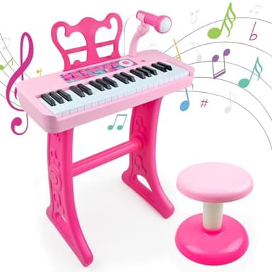 Love&Mini Kids Keyboard Toys for Girls - 37 Keys Pianos Toy with Stool and Microphone Pink Electronic Musical Instrument, Christmas Birthday Gift for Kids 3 4 5 6 7 8 Years Old Boy and Girl