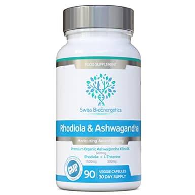 Rhodiola & Ashwagandha with L-Theanine - Award Winning Ashwagandha KSM-66 600mg & 1500mg Rhodiola (3% Rosavins - 1% Salidrosides) whole root equivalent- adaptogen combo- No artificial fillers