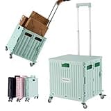 MACOPRO Folding Utility Cart Portable Rolling Crate Handcart Shopping Trolley Collapsible Tool Box, with Lid, Basket on 4 Rotate Wheels, for Grocery, Office, Teacher, Travel Shop Move Luggage (Green)