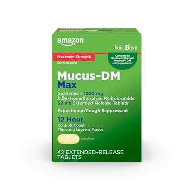 Amazon Basic Care Maximum Strength Mucus DM, Expectorant and Cough Suppressant Extended-Release Tablets, 42 Count