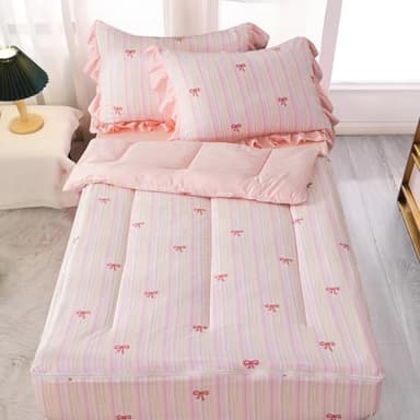 A Nice Night Zipper Bedding Pink Bow Printed on Colorful Rainbow Background Zippered Kids Comforter Set,Seersucker Chic Style Ultra Soft,Twin