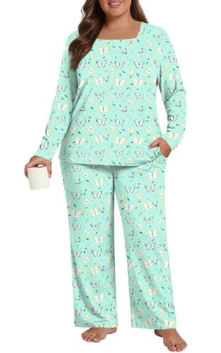 HOTGIFT Plus Size Womens Pajamas Set 2 Piece Pjs Loungewear Long Sleeve Sleepwear with Pockets Fall & Winter Green Butterfly Large
