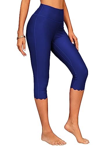 ATTRACO Women UPF 50+ Capri Leggings with Waistband Pocket Swim Tights Surf Pants Navy L