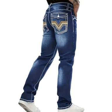 Men's Stretch Denim Jeans Classic Jeans with Embroidered Design, ESDVD Street Style Regular Jeans Relaxed Fit Pants Comfy (US, Waist, 36, Regular, Light Blue)