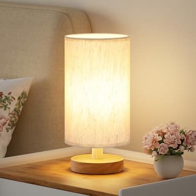 Fenmzee Small Table Lamp for Bedroom - Inline Control, Bedside Lamp with 3000K A15 LED Blub, Easy Assembly (Cream Shade - Wood Base, 9" Inline Control)