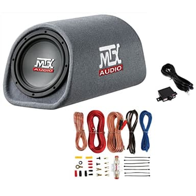 MTX Audio RT8PT 8" 240W Enclosure Amplified Vented Tube Box Car Loaded Subwoofer & Soundstorm AKS8 8 Gauge Car Amplifier Amp Complete Wiring Kit