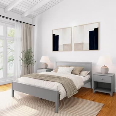 Plank+Beam Solid Wood Queen Bed Frame with Panel Headboard, Modern Queen Platform Bed with Wood Slat Support, No Box Spring Needed, Grey