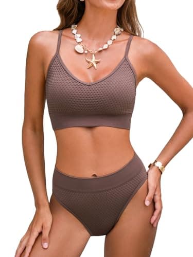 CUPSHE Women's Bikini Sets Two Piece Swimsuit Sporty Mid Rise Scoop Neck Adjustable Spaghetti Straps Textured Midkini, M Taupe Brown