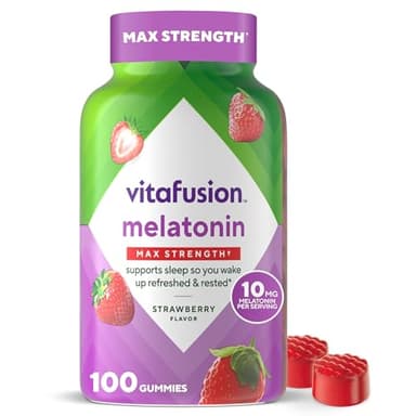 vitafusion Max Strength 10 mg Melatonin Gummies, Strawberry Flavored, Adult Melatonin Gummy Vitamin Supplement, 100 Count, 50 Day Supply