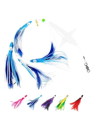BLUEWING Tuna Feather Daisy Chain Fishing Teaser Lure with 4in Feathered Trolling Squids and Stainless Steel Hook Big Game for Tuna Mahi Wahoo Marlin, Blue