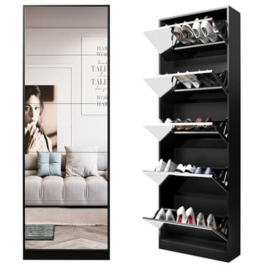 Organizedlife Black Shoe Cabinet with Full Length Mirror, 15-20 Pairs & 5 Flip Drawer, Freestanding Shoe Storage Organizer, Narrow Shoe Rack for Entryway