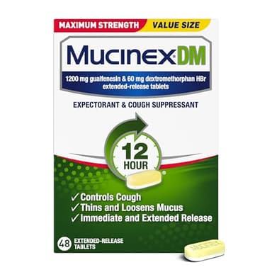 Mucinex DM 12Hr Maximum Strength Chest Congestion & Cough Medicine for Adults, Cold and Cough Medicine for Excess Mucus Relief, 1200 mg Guaifenesin & 60 mg Dextromethorphan HBr, 48 Bi-Layer Tablets