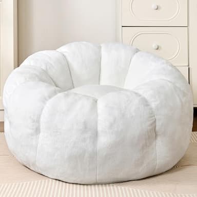 LinkRomat Flower Bean Bag Chair for Teens and Young Adults, Soft Faux Fur Floor Seating with Memory Foam, Aesthetic Room Decor Cozy Lounger for College Dorm, White