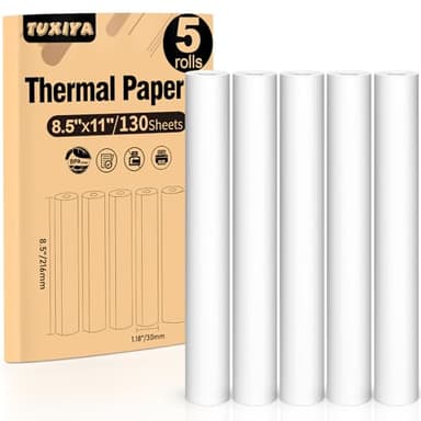 TUXIYA 5 Rolls Thermal Printer Paper 8.5"x11" US Letter Size, BPA free Quick-Dry Thermal Paper,Thermal Printing Paper Rolls Compatible Most Portable Printers(About 130 Sheets)
