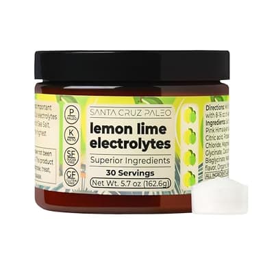 Santa Cruz Paleo Electrolyte Powder, Lemon Lime Flavor, Sugar Free Hydration Drink Mix with Himalayan Pink Salt, Sea Salt, Magnesium Glycinate, Potassium Chloride, Sweetened with Stevia, 30 Servings